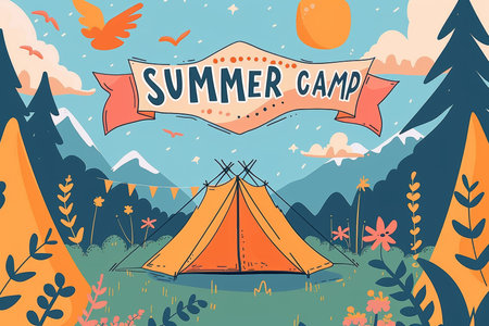 Vibrant summer camp banner promoting exciting vacation getaways for a memorable summer experienceの素材