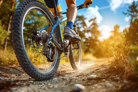 Cyclist s powerful legs pedaling uphill  strength and endurance in summer olympic games sportの素材