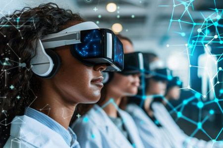 Engineers collaborating on design project with augmented reality glasses in close up viewの素材