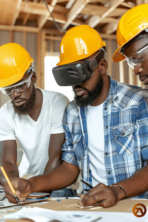 Engineers collaborating on design project using augmented reality glasses in close up viewの素材