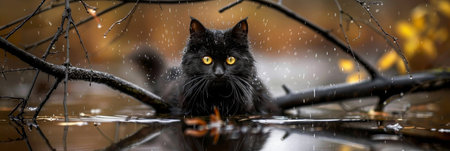 Black cat with yellow eyes in futuristic tunnel, copy space, dark blurred backgroundの素材