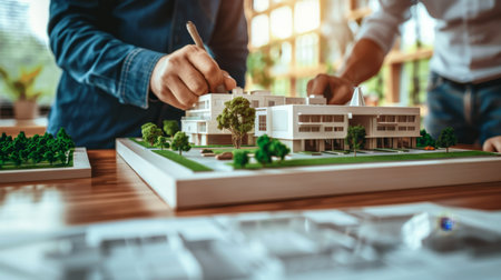 Real estate developers and architects collaborate on business building project scale model in officeの素材