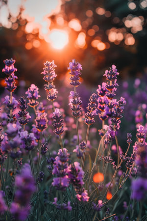 Scenic french lavender fields at sunset in provence, awe inspiring beauty of flowering lavenderの素材