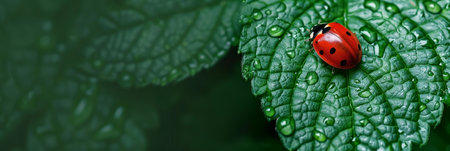 Beautiful ladybug resting peacefully on a lush green leaf in a captivating nature sceneの素材