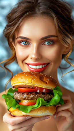 Portrait of woman enjoying tasty burger on soft colored background with space for textの素材