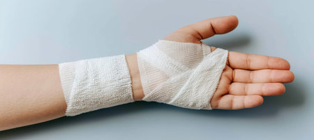 Woman with hand injury in white gauze bandage for medical treatment and first aid careの素材