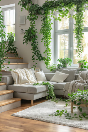 Serene modern farmhouse living room with wooden staircase and natural wood elements in light colorsの素材