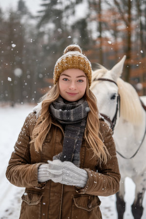 Blonde woman standing gracefully with a majestic white stallion in a picturesque natural settingの素材