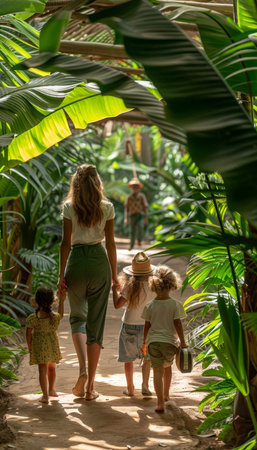 Teacher and students on school trip, exploring nature in a lush forest environmentの素材