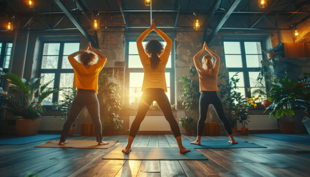 Group of young individuals practicing yoga in a gym for a youthful and dynamic sessionの素材