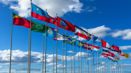 Pan american community day  unity symbolized by flags of various nations in festive celebrationの素材