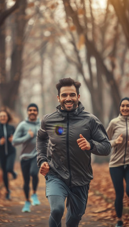 Group of happy friends in sportswear running joyfully in a park setting during early morningの素材