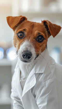 Canine dressed in a doctor s medical worker attire against a soft gradient backdropの素材