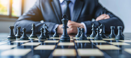 Contemplative business leader strategizing on chessboard, close up on pieces and intense expressionの素材