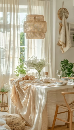 Minimalist scandinavian dining room with white walls, wooden furniture, and plantsの素材