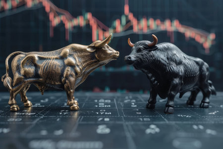 Gold and black financial infographic with stock market bull and bear, ideal for text placementの素材