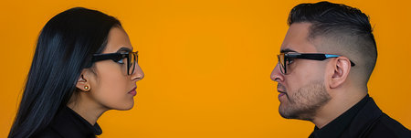 Joyful man and woman sharing a happy gaze in a delightful encounter full of happiness and smilesの素材