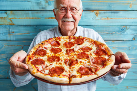 Elderly man savoring pizza on soft pastel background, senior gentleman enjoying delicious sliceの素材
