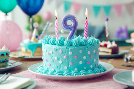 Festive cake with number 9 candle, balloons, and party decor on blurred backgroundの素材