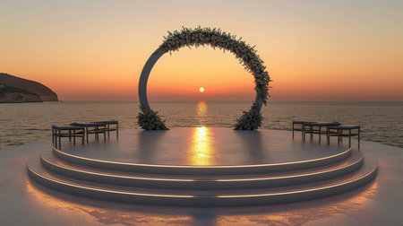 Twilight setting  hydrangea arch frames empty podium for product placement in charming sceneの素材