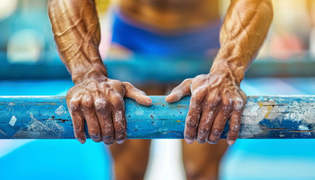 Gymnast s hands on uneven bars  displaying strength and control in close up shotの素材
