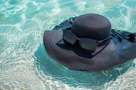 Stylish sun hat and sunglasses on tropical beach, perfect for summer travel promotionsの素材
