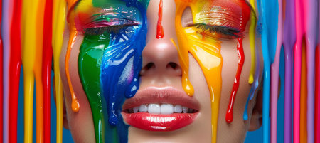 Captivating celebration  a woman s radiant smile amidst a vibrant and colorful worldの素材