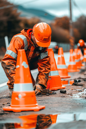 Worker dedicated to safe roadworks on lively urban streets for efficient traffic controlの素材