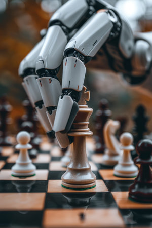 Close up view of an artificial intelligence robot s hand deeply engaged in strategic chess movesの素材