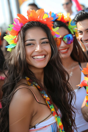 Vibrant celebration  woman s bright smile in a colorful world, joyfully embracing diversityの素材