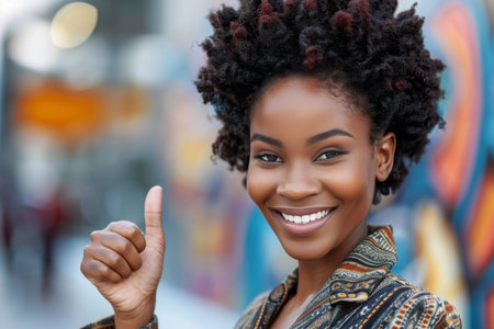 Confident businesswoman giving thumbs up in urban setting with ample space for text placementの素材