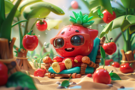 Chill anthropomorphic cherry on beach chair with sunglasses, summer relaxation vibesの素材