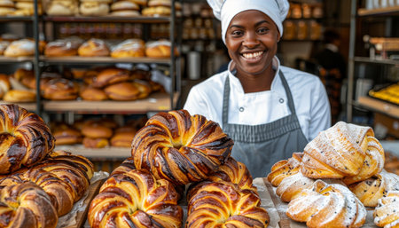 Confident female pastry chef proudly standing in her artisan bakery, showcasing expertise and skillの素材