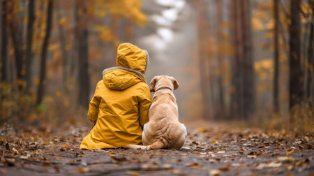 Woman and adorable dog enjoying nature in a serene forest environment with lush green treesの素材