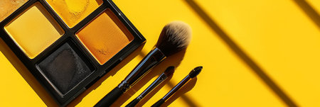 Cosmetic palette and makeup brushes in soft natural light, banner with space for textの素材
