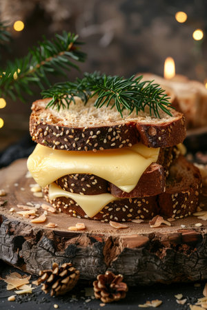 Close up of scrumptious, gooey melted cheese sandwich on rustic wooden serving boardの素材