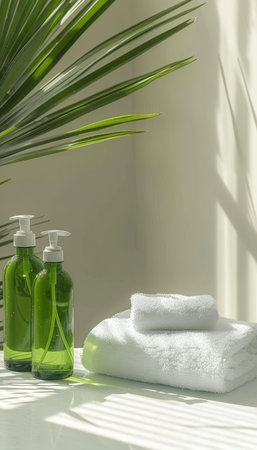 Eco friendly spa accessories on white background with ample space for text arrangementの素材