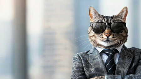 Cool cat in sunglasses and suit with tie on blurred background, perfect for adding textの素材