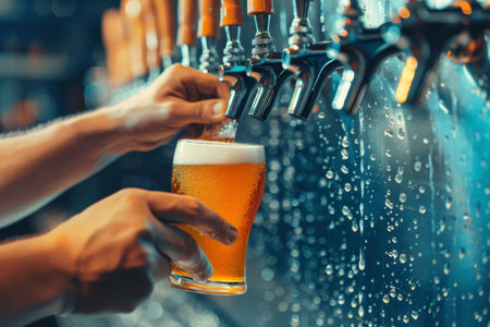 Close up shot capturing the intricate movements of a bartender s hands while pouring beer from a tapの素材
