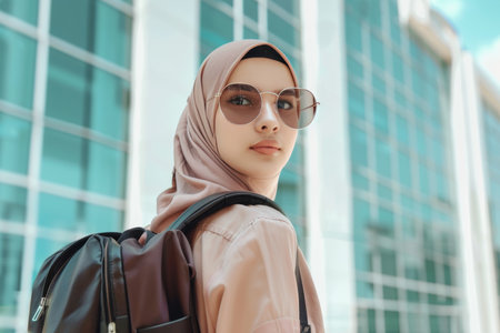 Stylish woman in turban promoting diversity and middle eastern wellness, walking in urban settingの素材