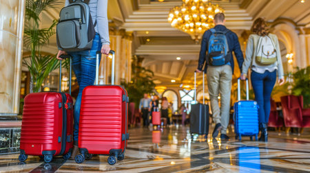 Luxurious suitcase positioned at the entrance of an upscale and prestigious hotelの素材