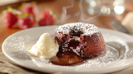 Sophisticated chocolate lava cake with vanilla bean ice cream on minimalist backgroundの素材