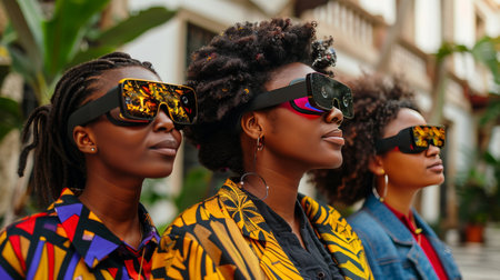 Engineers collaborating on design project using augmented reality glasses in close up shotの素材