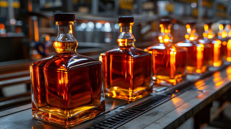 Whiskey bottling process in a conventional factory setting for efficient productionの素材