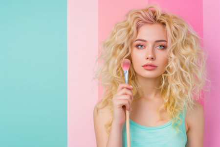 Elegant woman with blonde curly hair holding makeup brush on soft pastel background with copy spaceの素材