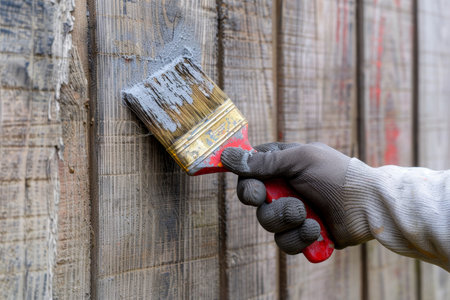Construction worker s hands using a brush to paint a wooden wall at the construction siteの素材