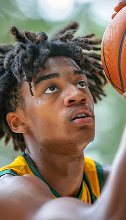 Intense close up action in basketball game with players competing for possession of the ballの素材