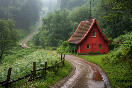 Traditional swiss manor  red country house in switzerland surrounded by green grassの素材
