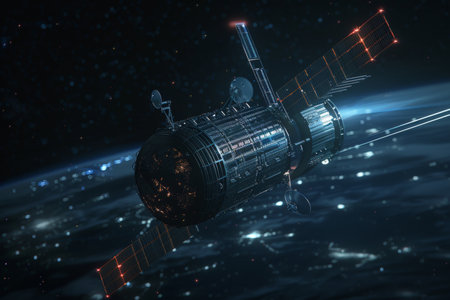 Futuristic satellite providing global online connectivity and gps navigation around earthの素材