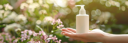 Woman s hand holding sunblock cream bottle for uv protection on blurred background with copy spaceの素材